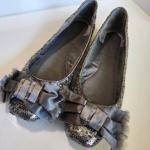 Kate Spade Vero Cuoio Silver Sequin Ballet Flats Women's Sz 6.5 M Satin Bow